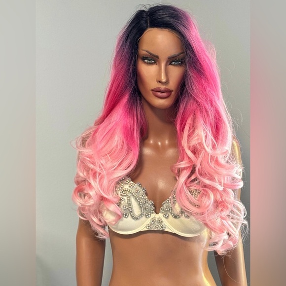 Balayage Pink Wig Ombré Curled Wavy Lace Front Dark Roots Synthetic Jem - Picture 1 of 10